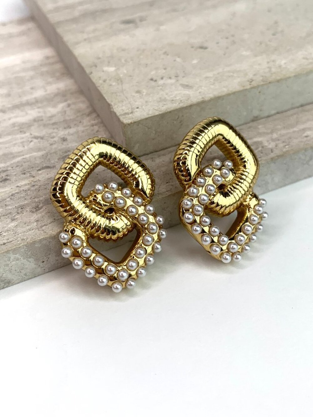 NEW ~ Anthropologie Ettika 18K Gold and Pearl Interlocking Square Earrings